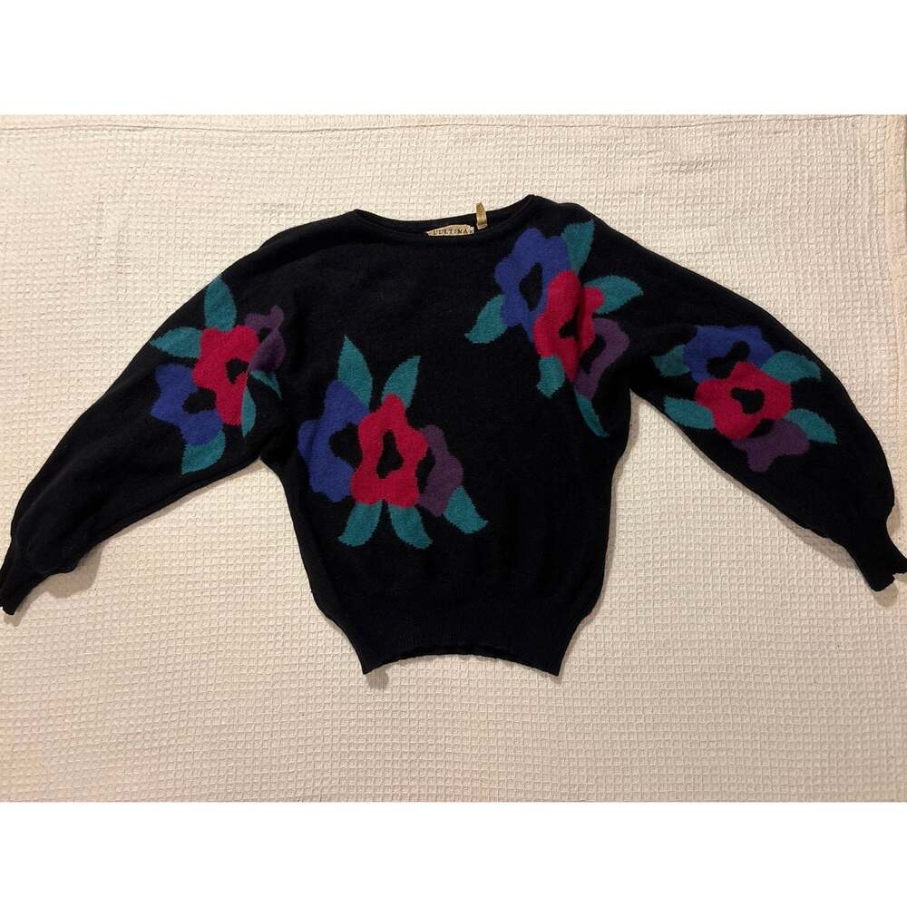Vtg 80s 90s L’ULTIMA Intarsia Lambswool Angora Sweater Black Bold Flower M